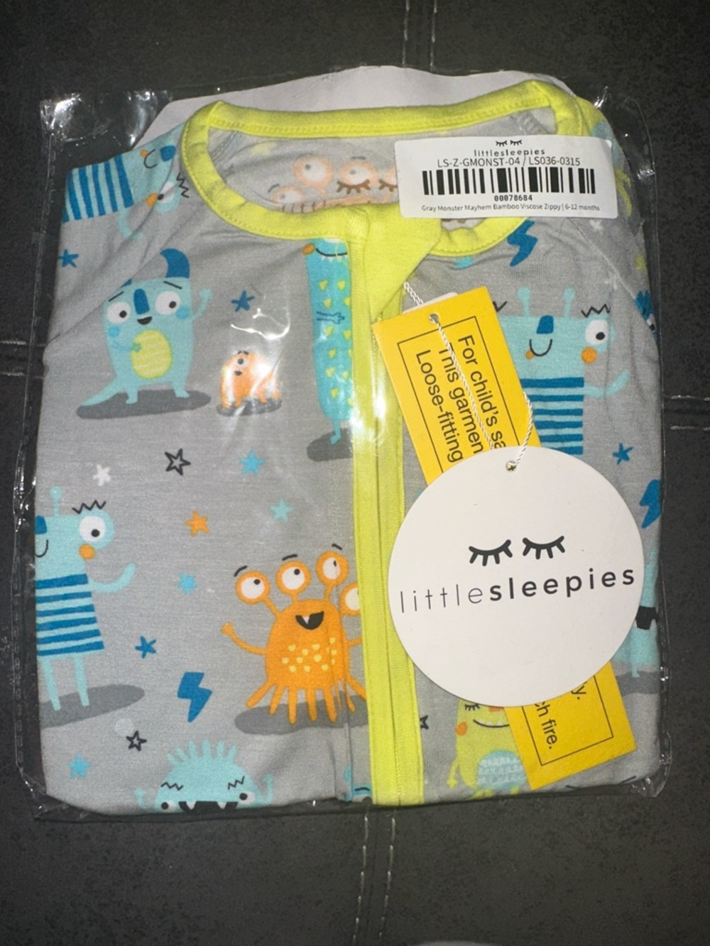 NWT Little Sleepies Gray Monster Print One-Piece with Yellow Trim